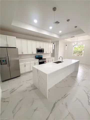 Kitchen with appliances with stainless steel finishes, a tray ceiling, a sink, white cabinetry, and recessed lighting