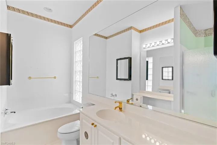 Bathroom featuring vanity, a garden tub, and plenty of natural light