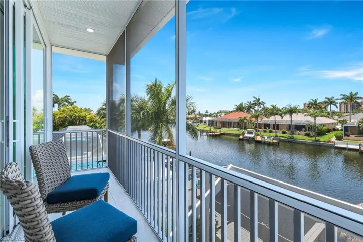 Balcony with a water view and a dock