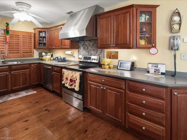 Kitchen featuring sink, dark wood-type flooring, stainless steel appliances, tasteful backsplash, and island range hood