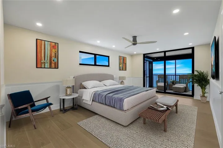 Virtually Stagged - Master Bedroom featuring access to exterior, light wood-style flooring, recessed lighting, ceiling fan, and wainscoting