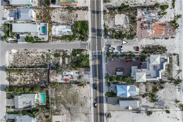 Aerial view of lot outline and Fort Myers beach public beach access location