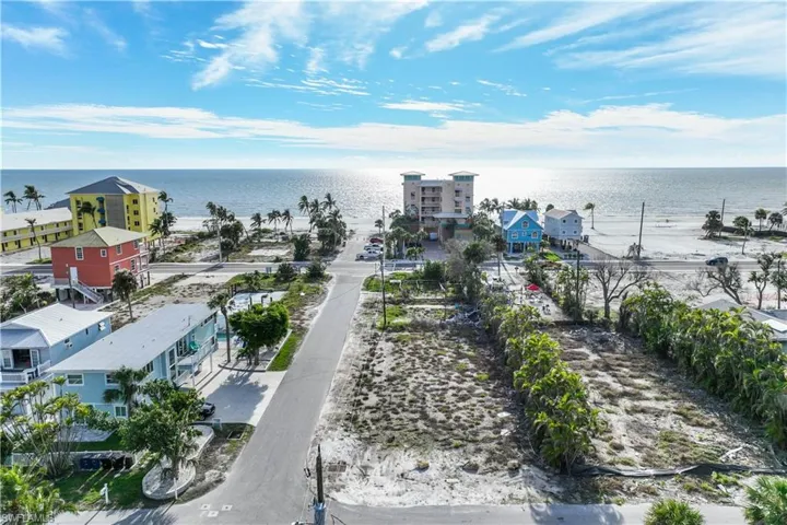 Aerial view of the lot from the street intersection looking west towards the Fort Myers Beach public beach access