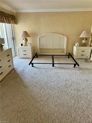 Unfurnished bedroom with crown molding and carpet flooring