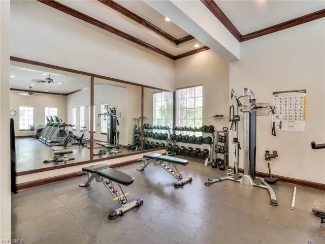 Workout area with crown molding, ceiling fan, and a high ceiling
