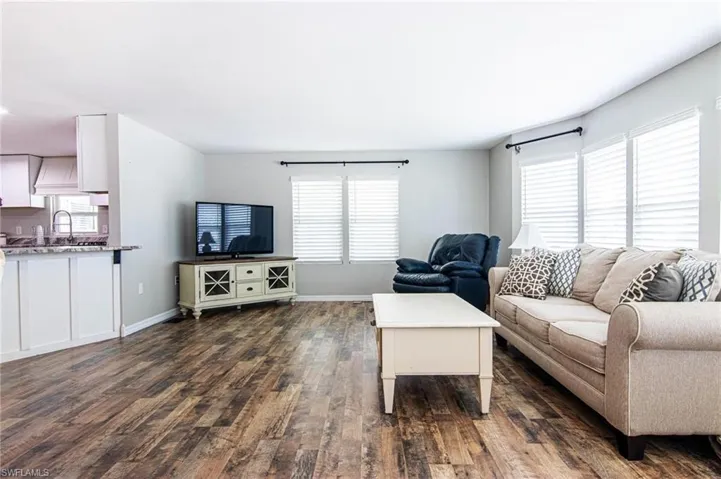 Living room with dark hardwood / wood-style floors and sink