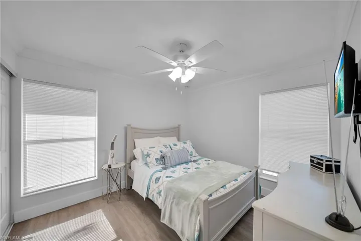 Bright room featuring a ceiling fan, crown molding, and two windows with blinds