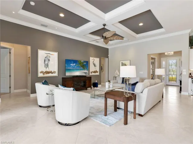 Great Room with Coffered Ceiling, Ceiling Fan & Crown Molding