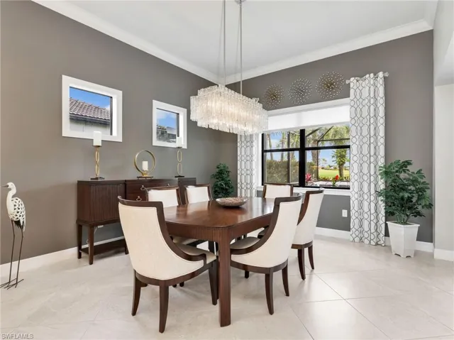 Dining Area with Golf Course View, Battery Powered Motorized Shade, Custom Curtains, Chandelier, & Crown Molding