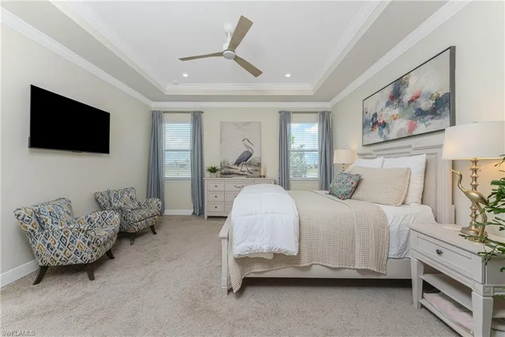Carpeted bedroom with crown molding, a tray ceiling, and ceiling fan