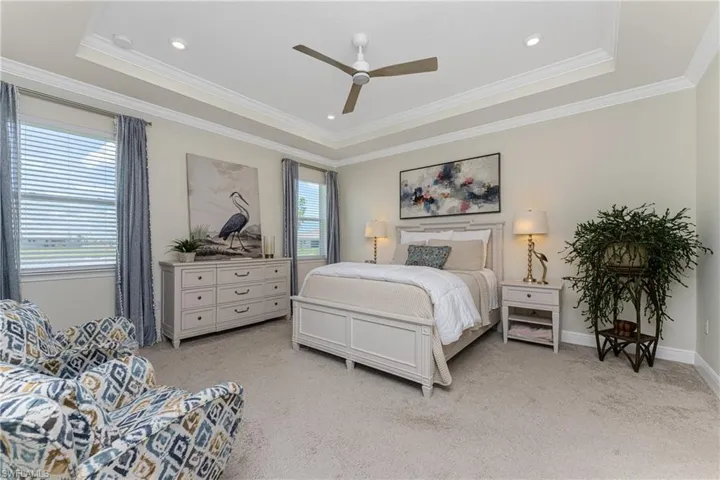 Carpeted bedroom featuring ornamental molding, multiple windows, a raised ceiling, and ceiling fan
