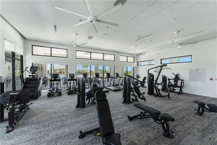 Workout area featuring ceiling fan and carpet flooring