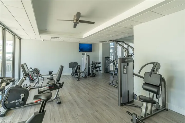 Gym with a tray ceiling, floor to ceiling windows, ceiling fan, and light hardwood / wood-style flooring