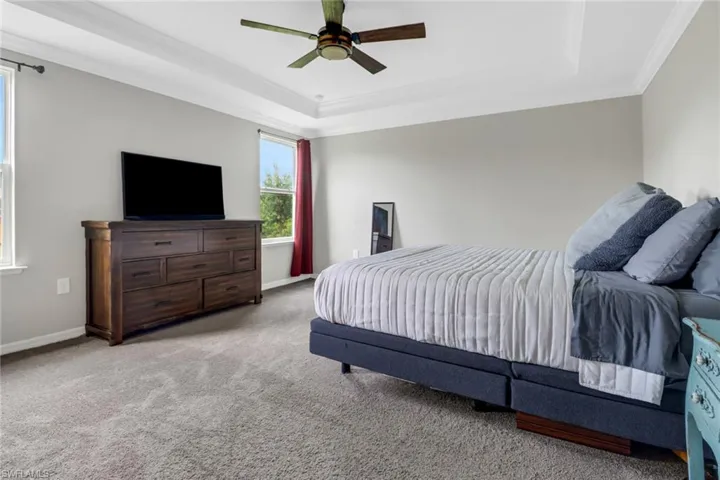 Carpeted bedroom with crown molding, a raised ceiling, and ceiling fan