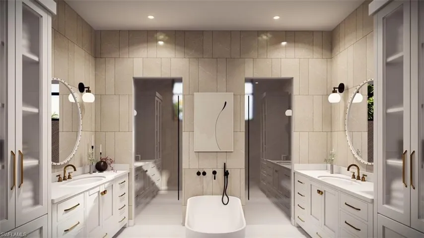 Virtual Rendering - Bathroom with two vanities, tile walls, a freestanding tub, and recessed lighting