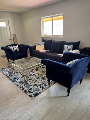 Living room featuring wood tiled floors