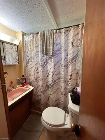 Bathroom with toilet, curtained shower, and vanity