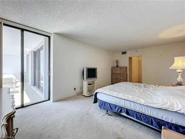 Carpeted bedroom featuring access to exterior and a textured ceiling