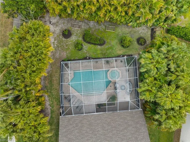Aerial view featuring home, pool and spa and backyard with tropical trees