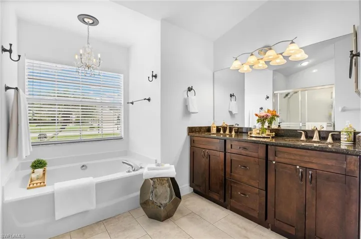 Master bathroom featuring a double vanity, bathtub and oversized window