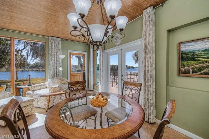 Breakfast area featuring french doors, hanging lights, river view, and wood ceiling