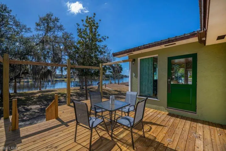 Deck featuring outdoor dining space and a river view