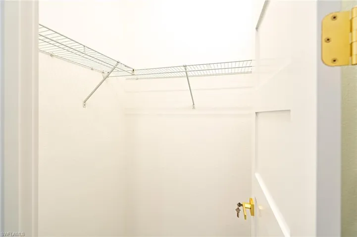 Wire shelving system, white interior walls, white paneled door, brass door hardware