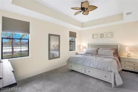 Bedroom featuring a tray ceiling, baseboards, visible vents, and carpet floors