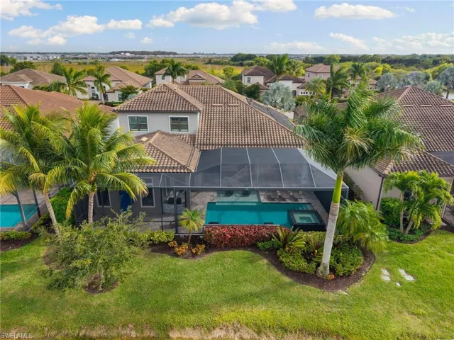 Aerial view of residential area with a pool area