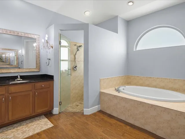 Bathroom with hardwood / wood-style floors, a wealth of natural light, independent shower and bath, and vanity