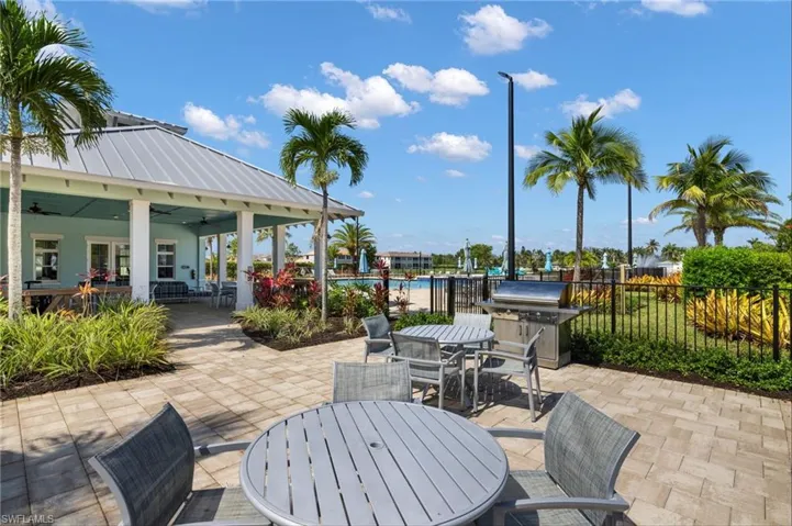 View of patio / terrace with outdoor dining area, ceiling fan, grilling area, and an outdoor pool