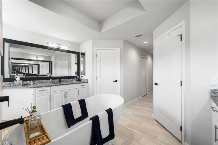 Bathroom featuring a raised ceiling, a bathtub, and vanity
