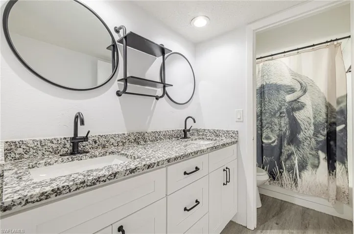 Bathroom featuring a double vanity with stone countertops, integrated rectangular sinks, and matte black fixtures