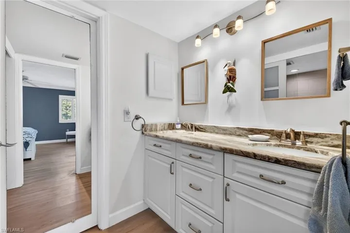 Primary bath featuring double vanity and light wood-type flooring