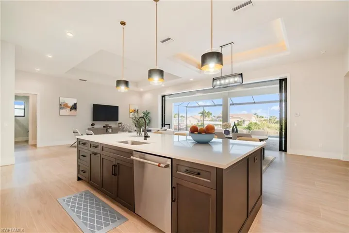 Kitchen featuring large center island, stainless steel dishwasher, a tray ceiling, and light wood plank tile flooring