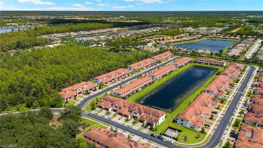 Birds eye view of property with a water view