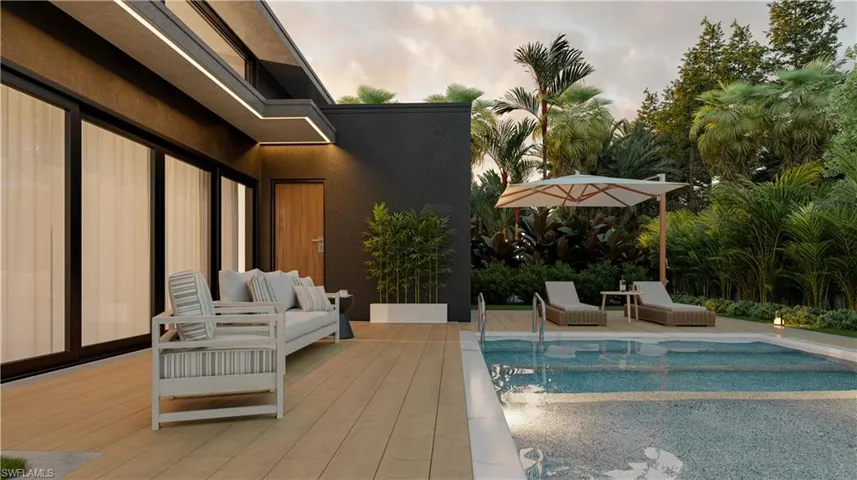 Outdoor pool with a wooden deck