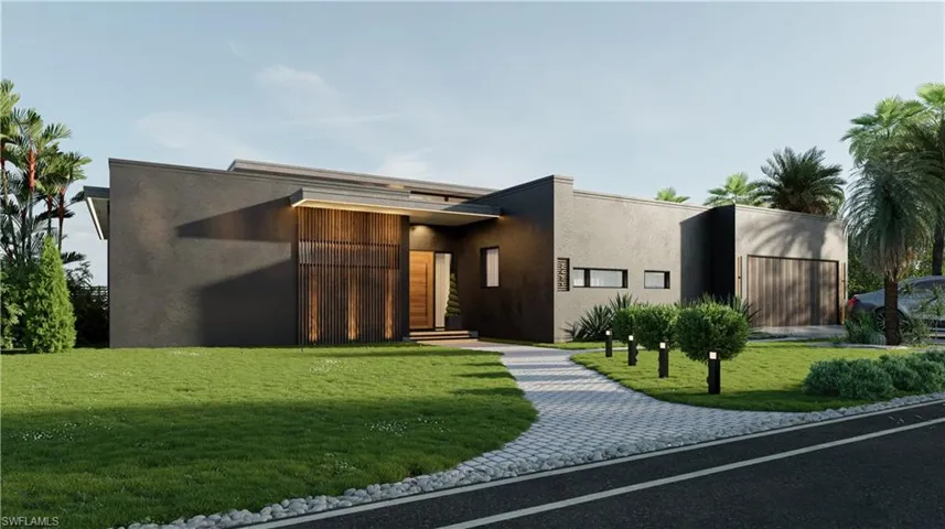 Contemporary house featuring a front lawn and stucco siding