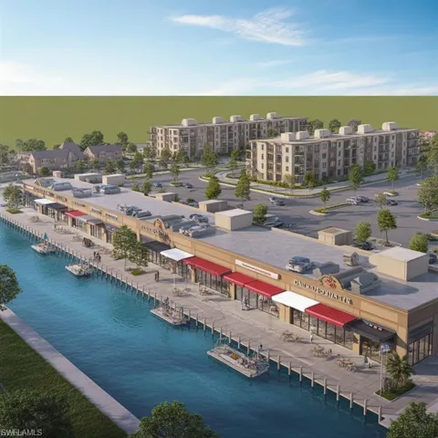 Aerial view of a nearby body of water and apartment complex