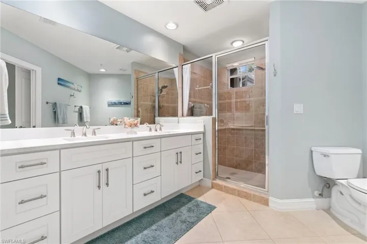 Bathroom, vanity with 2 sinks, generous walk in shower
