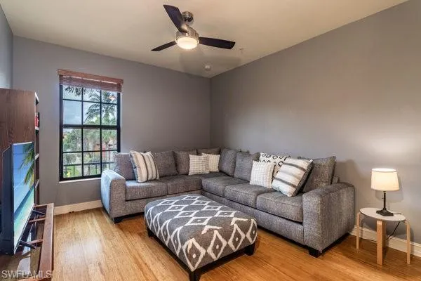 Living room featuring ceiling fan and wood-type flooring
