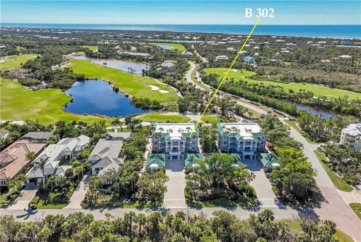 Bird's eye view featuring the 9th & 17th fairways and a water view
