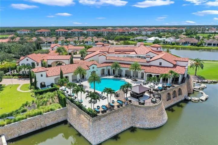Aerial view of the clubhouse and resort style pool