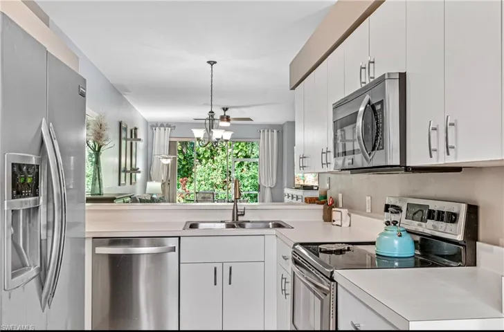 Kitchen with appliances with stainless steel finishes, decorative light fixtures, sink, and white cabinets