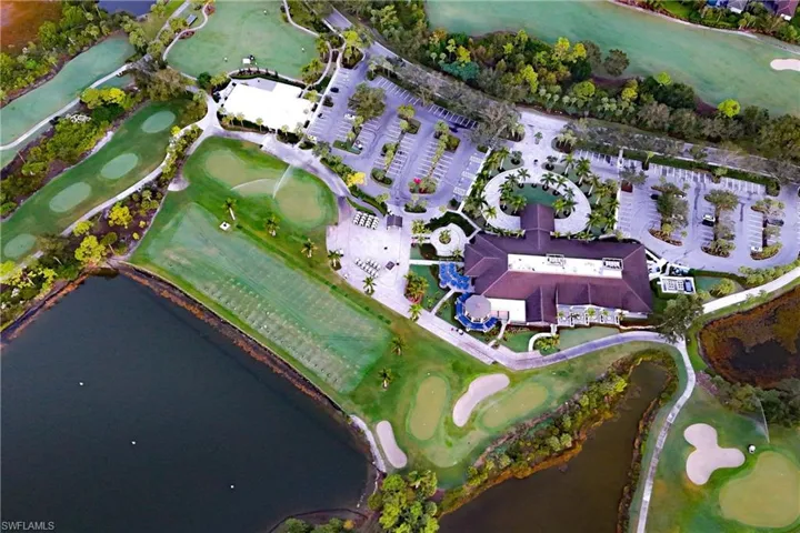 Aerial view of golf club and practice area