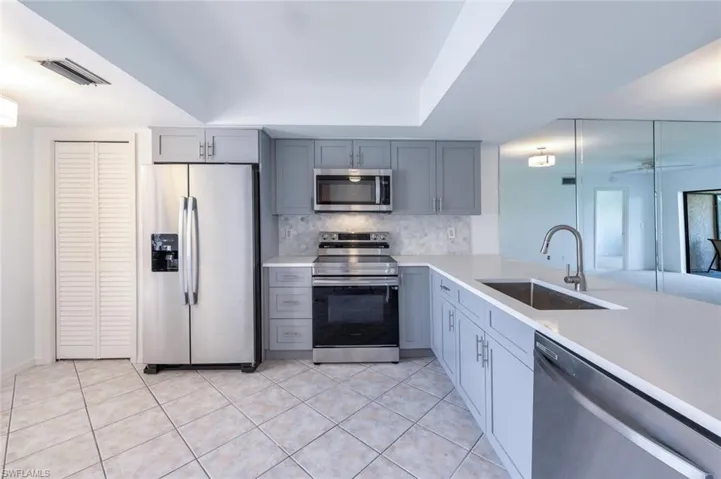 Kitchen featuring gray cabinets, a sink, tasteful backsplash, appliances with stainless steel finishes, and visible vents