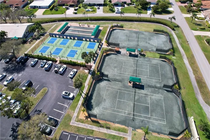 Aerial view of the Sports Court with pickleball, tennis and bocce