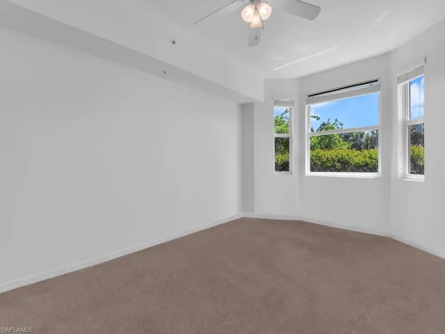 Empty room with baseboards, ceiling fan, carpet flooring, and a wealth of natural light