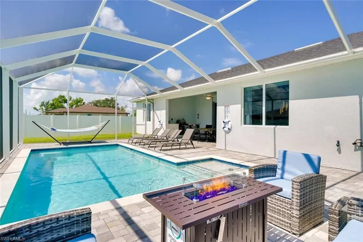 View of pool with a lanai and a patio