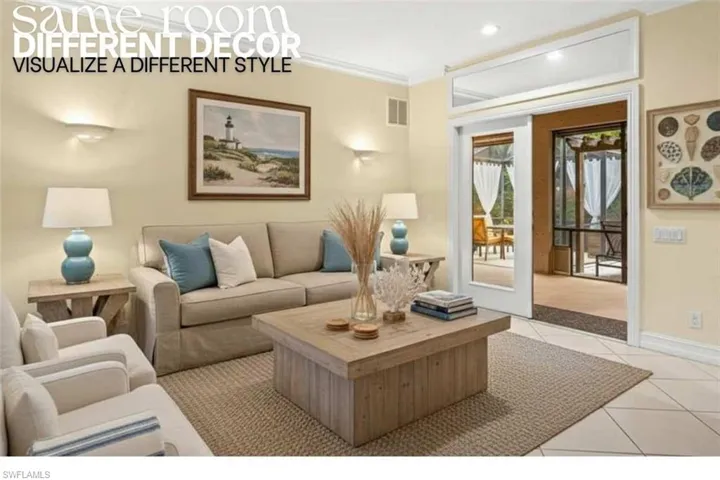 Living area featuring light tile patterned floors, crown molding, and recessed lighting